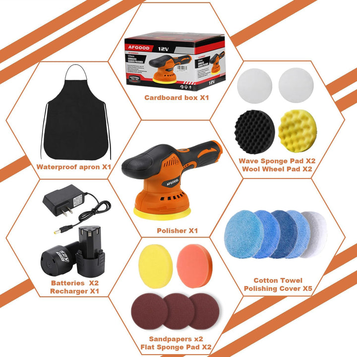 18PCS Cordless Car Buffer Polisher Kit - Portable 5"/6" Polishing Waxer with 2 x 2000mAh Batteries & Buffing Pads for Ultimate Car Detailing