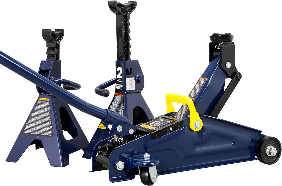 AT82001UR 2 Ton Hydraulic Trolley Floor Jack Combo with 2 Jack Stands - Heavy-Duty Blue Service Set